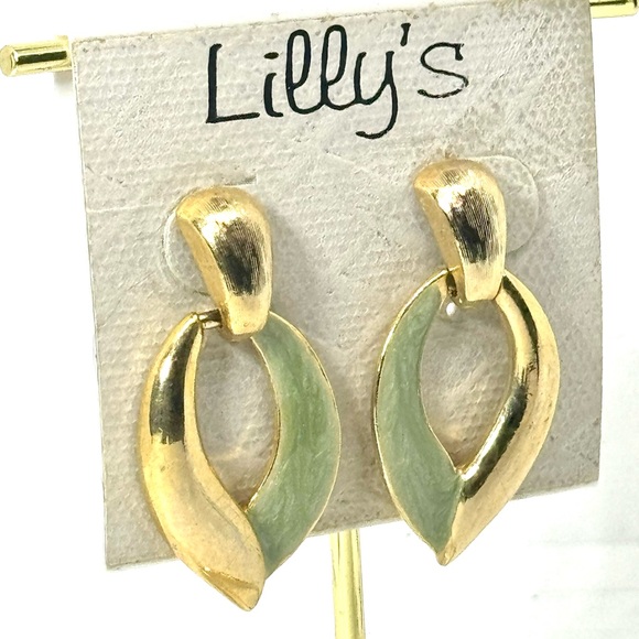 Vintage Gold & Mint Enamel Drop Earrings by Lilly’s - Classic & Elegant Design - Picture 2 of 8